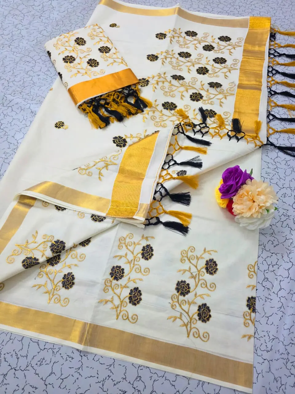 Off White Kasavu Cotton Saree with Black & Gold Rose Vine Embroidery